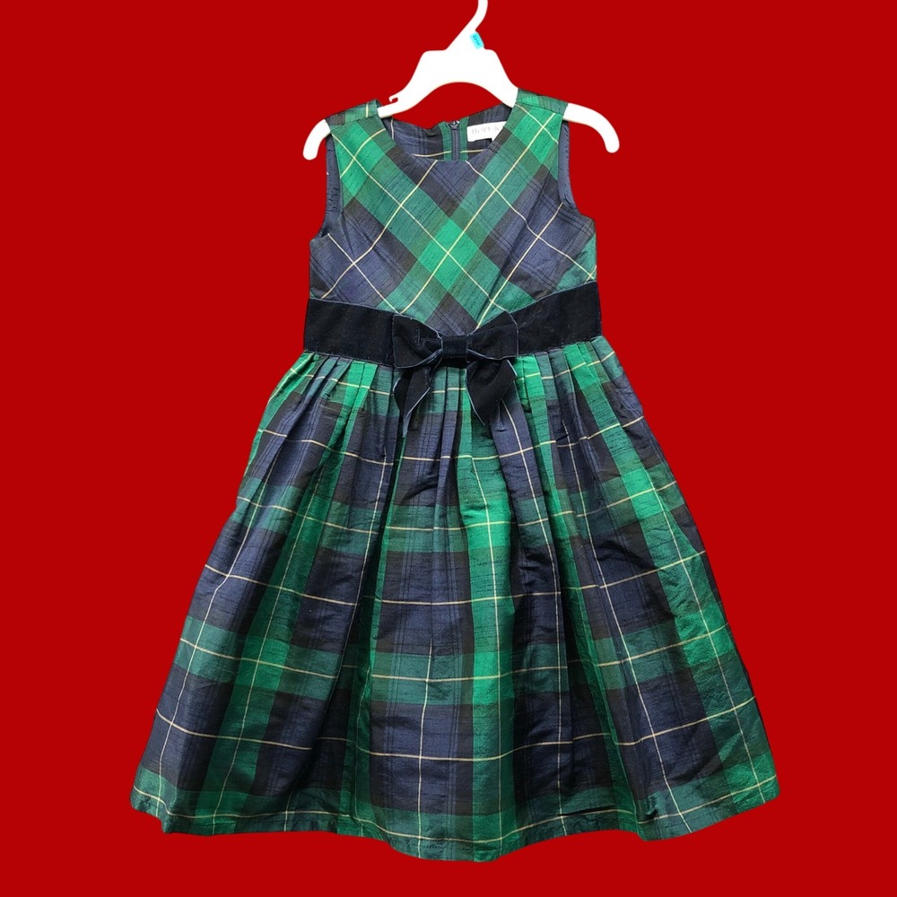 Hope & Henry Girls Size 5 Green Tartan Plaid Holiday Party Dress Velvet Bow